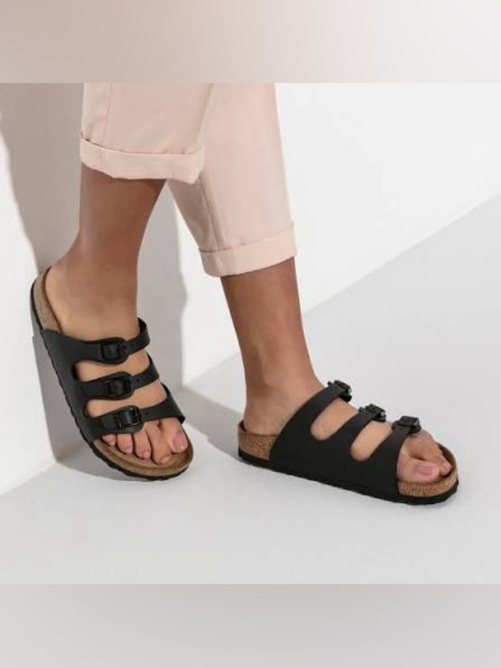 Birkenstock Florida Soft Footbed Black Three-Strap Slide Sandals size 9